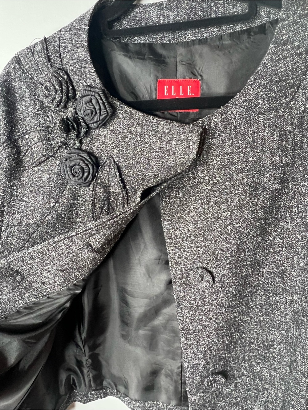 ELLE Charcoal Gray Tweed Rosette Detail Jacket